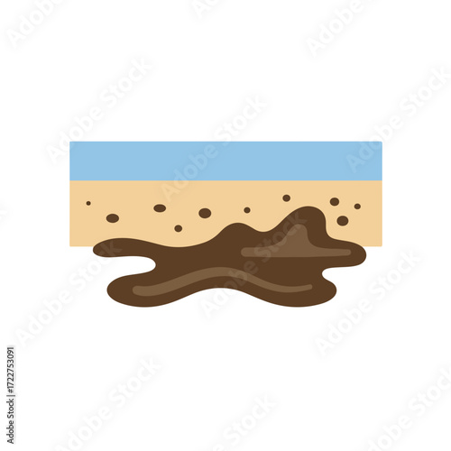 Brown spill under beige soil and blue layers, fits environmental or pollution themes. 