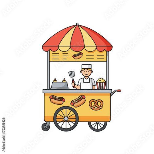 This vibrant image captures a hot dog cart manned by a friendly vendor, perfect for foodrelated designs and promotional materials.