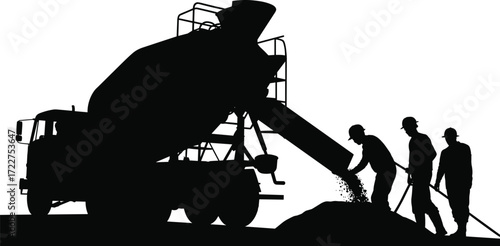 construction workers pouring concrete cement mixer truck building site teamwork heavy machinery industrial labor silhouette construction equipment roadwork engineering infrastructure project 