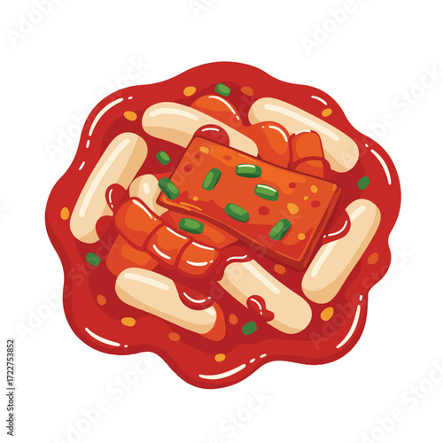 Tteokbokki is a flavorful korean dish with chewy rice cakes smothered in a spicy sauce. Perfect for food blogs and social media posts.