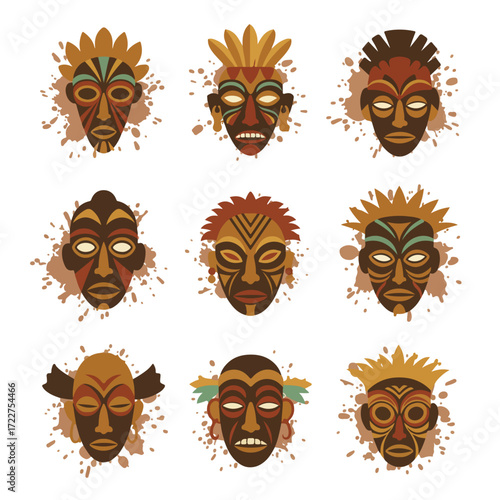 African tribal masks on splattered backgrounds ideal for cultural designs, art projects, educational materials, travel publications, and diverse decor.