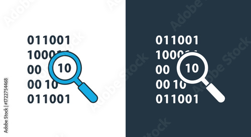 Magnifying glass inspecting binary code data digital search and analysis concept