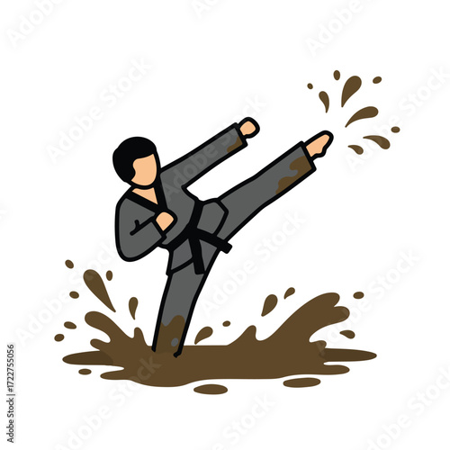 Person in a karate gi kicking muddy water, action shot for selfdefense, martial arts, discipline, power, motion, training concepts.