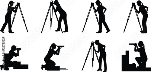 surveyors engineers silhouettes using theodolite tripod leveling instrument land measurement construction site workers architecture mapping geodesy surveying equipment professional