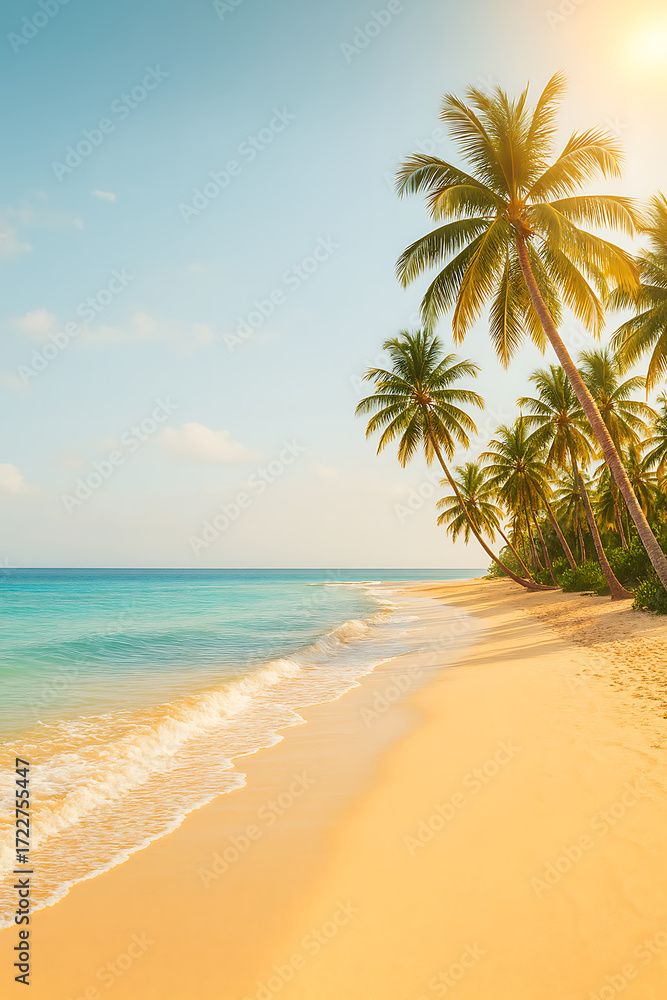 Obraz premium Tropical Beach with Palm Trees at Sunset