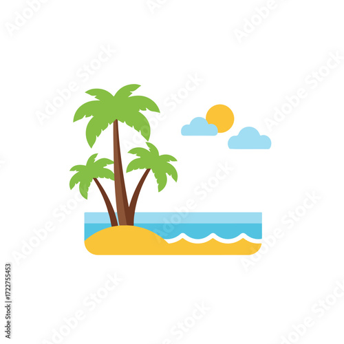 Tropical beach scene perfect for travel brochures, vacation websites, and summer themed designs. Palms, ocean, sun ideal for beach lovers.