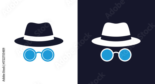 Spy icon with hat and blue sunglasses representing anonymity and intrigue