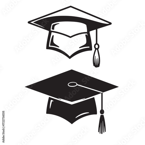 Vector illustration of two black graduation mortarboards with tassels isolated on white background
