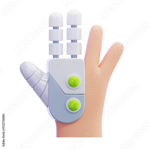 Conceptual 3D rendering of a human hand augmented with advanced robotic fingers, symbolizing future technology, prosthetics, and the evolving human-machine interface concept