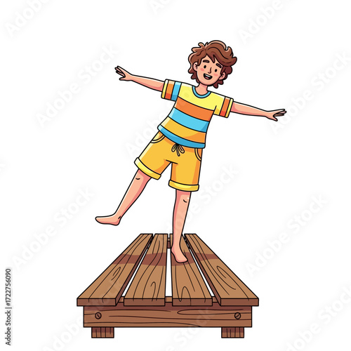 joyful boy balances on wooden plank summer fun and playful equilibrium, isolated on transparent background
