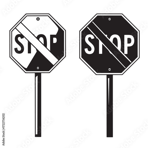 Vector illustration of two black and white stop signs indicating road safety and instructions