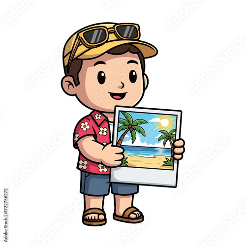 joyful traveler shows tropical paradise photo, isolated on transparent background