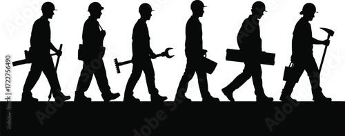 construction workers walking in line carrying tools silhouettes teamwork labor force industry crew building site job professionals safety gear engineering occupation workforce industrial