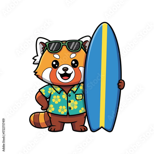 red panda surfer dude a cool cats beach day vibe, isolated on transparent background