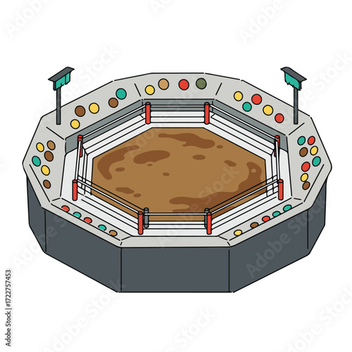 Empty octagonal wrestling ring under spotlights ideal for sports event promotions, wrestling articles, and sportsthemed designs on marketing materials.