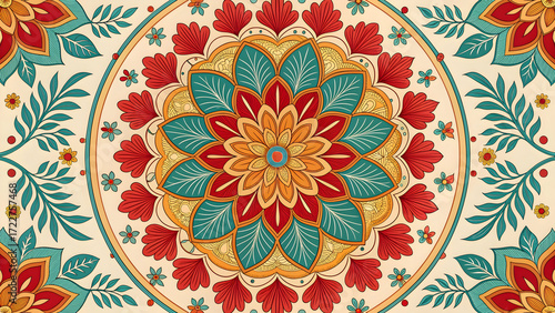Ornate Mandala Design with Red Teal and Gold Floral Patterns on Beige Background