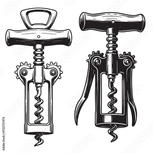 Vintage hand drawn wine corkscrew illustrations isolated on white background for design projects