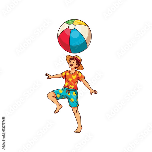 summer beach joy boy plays with giant beach ball, isolated on transparent background