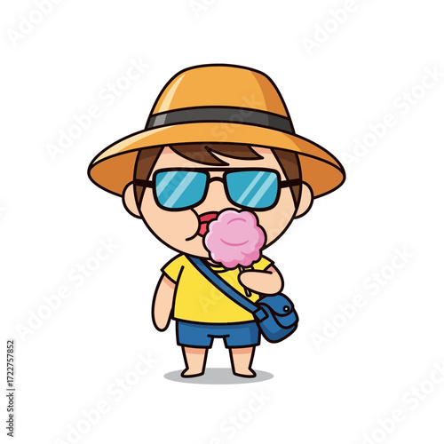 summer fun cool dude enjoying pink cotton candy, isolated on transparent background