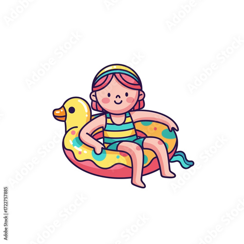 summer fun cute girl on adorable duck float, isolated on transparent background