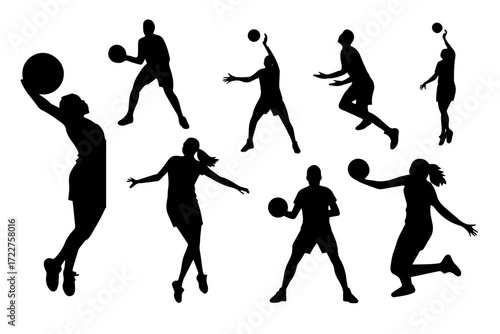 Set of silhouettes volleyball players black and white 
