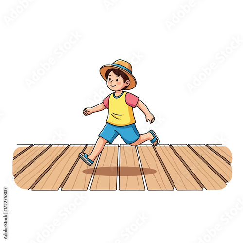 summer joy a boys carefree run on wooden deck, isolated on transparent background