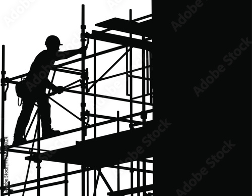 construction worker climbing scaffolding safety silhouette building site labor industry work structure support steel framework architecture teamwork occupational development engineering project