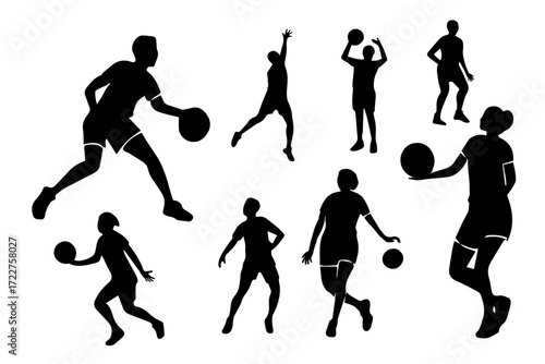 Set of silhouettes basket ball players black and white 