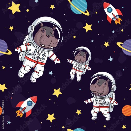 Adorable astronaut hippos explore the starry universe with planets and rockets Childhood dreams