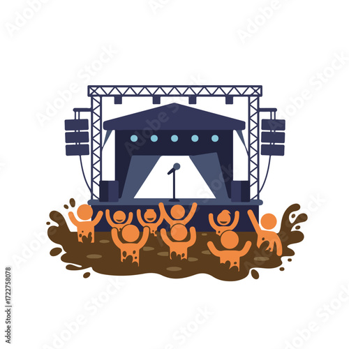 Stage with a microphone watched by excited crowd in mud. Suitable for concert or music event promotion materials.