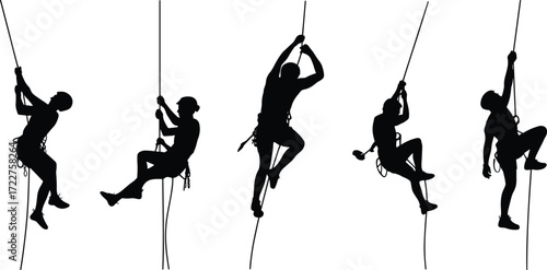Silhouette of rock climbers ascending ropes, adventure sports concept, extreme outdoor activity, teamwork, mountain climbing, fitness challenge, black and white.