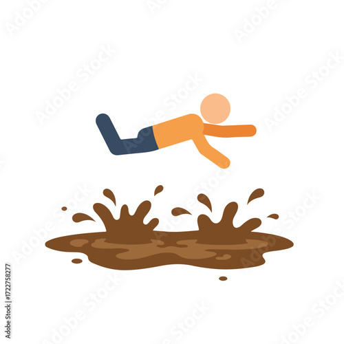Stick figure creates splash in muddy water, suitable for sports, recreation, adventure, outdoor activities, summer fun, and water activities concepts.