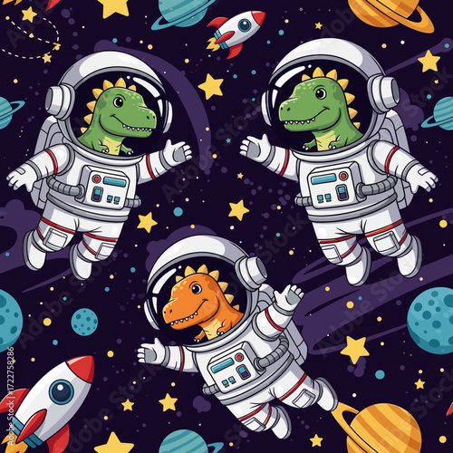 Smiling cartoon dinosaurs as astronauts explore space with planets stars and rockets Fun childhood adventure