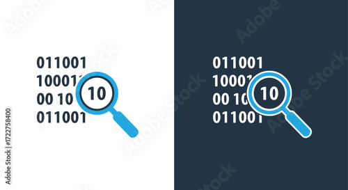 Digital data analysis magnifying glass searching through binary code for insight