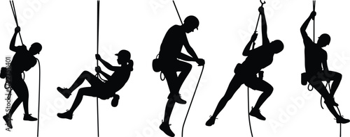 Silhouette of rock climbers ascending ropes, adventure sports concept, extreme outdoor activity, teamwork, mountain climbing, fitness challenge, black and white.