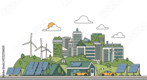 An illustration showcasing a sustainable cityscape integrating renewable energy sources and green infrastructure promoting eco-friendly urban development and environmental awareness.