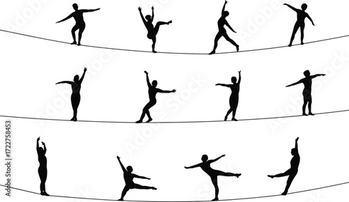 Silhouettes of acrobats, dancers, performers balancing on tightrope, elegant poses, minimalist black and white art, abstract balance concept
