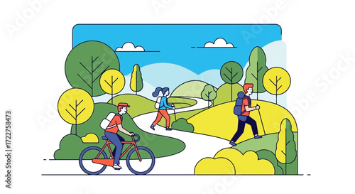 A vibrant outdoor adventure scene featuring people hiking, cycling, and walking on a winding path through a lush green landscape with a bright blue sky for active lifestyles