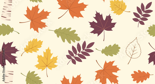 A charming autumnal pattern showcasing various fall leaves in warm hues of orange, yellow, and red, ideal for seasonal backgrounds and decorative design projects