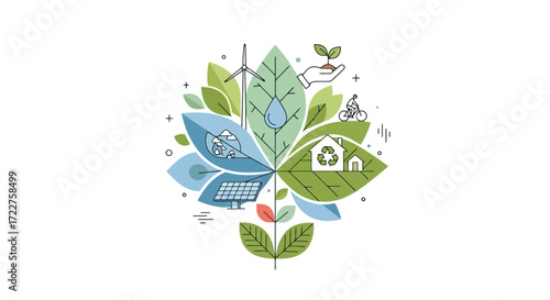 A stylized eco-friendly design featuring renewable energy sources, recycling, sustainable living, and green initiatives for environmental awareness and conservation projects