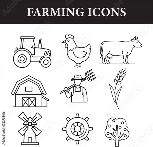 Minimal Farming Icons Set – Agriculture & Livestock Line Art Collection