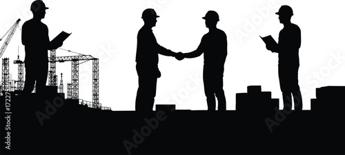 construction site workers engineers handshake teamwork building planning agreement contractor silhouettes crane background architecture project collaboration deal management industry