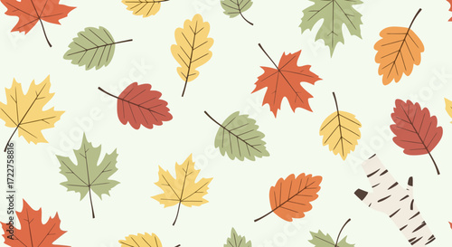 A delightful autumnal pattern featuring a variety of colorful leaves including maple, oak, birch, and aspen perfect for seasonal designs and creative projects