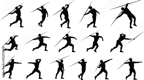 Silhouettes of javelin throwers in motion, athletic sport poses, vector illustration, track and field competition, throwing technique sequence