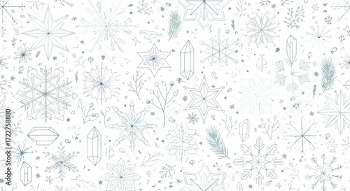 An elegant and delicate seamless snow crystal pattern featuring snowflakes, geometric shapes, and winter foliage for festive backgrounds and seasonal designs