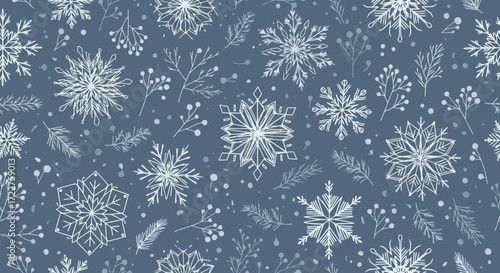 Seamless winter pattern featuring intricate snowflake designs and delicate botanical elements for festive holiday textiles and seasonal stationery
