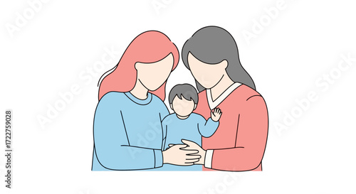 A minimalist line drawing showcasing the tender bond of a two-mother family and their child, perfect for representing modern family values and inclusive parenting