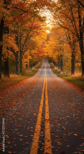 Scenic autumn road lined with vibrant golden and orange trees, their fallen leaves forming a picturesque carpet, leading into a warm, inviting glow, capturing the tranquil beauty of the season
