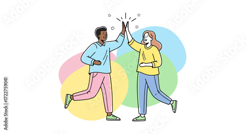 A vector illustration showcasing a diverse business team celebrating success with a high-five gesture, symbolizing collaboration, achievement, and positive workplace dynamics for corporate marketing