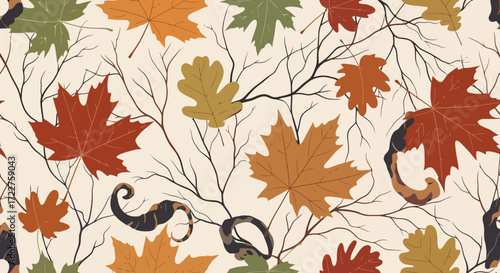 An elegant autumnal pattern featuring colorful maple and oak leaves intertwined with delicate branches for fall-themed design projects and seasonal backgrounds